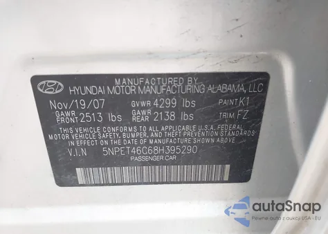 2008 Hyundai Sonata Gls z USA, uszkodzony, nr VIN 5NPET46C68H395290